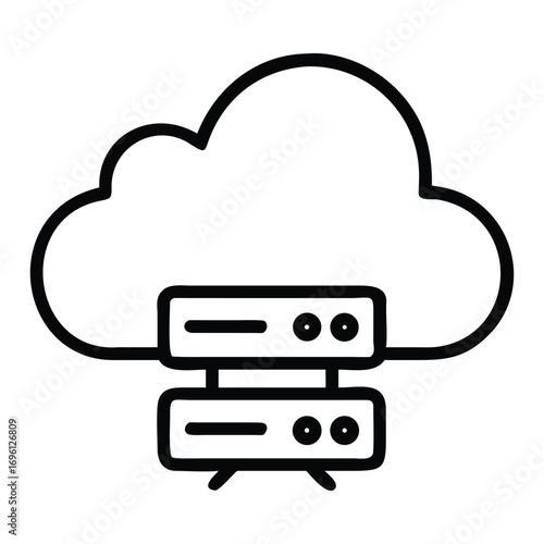 A simple line art icon depicting two server racks stacked beneath a stylized cloud, symbolizing cloud computing and data services.