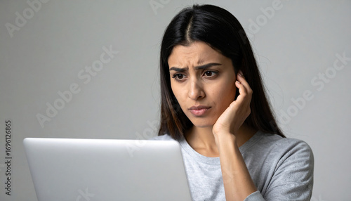 Confused young woman with a perplexed expression stares at the laptop screen, feeling stressed by online problems or bad news