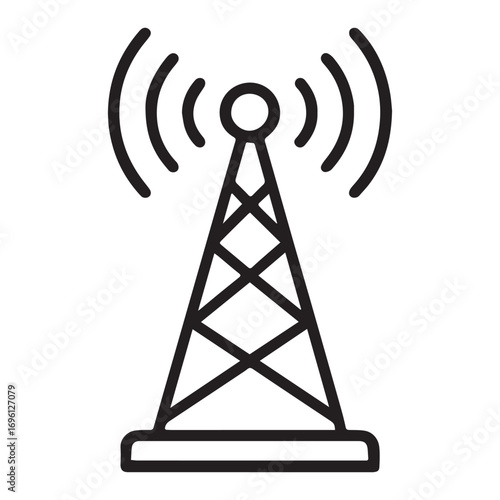A minimalist black and white line drawing depicts a lattice radio tower with concentric arcs representing outgoing radio waves.