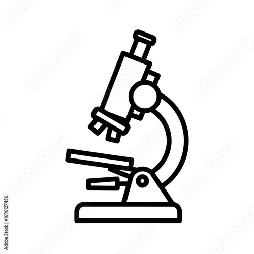 A simple line drawing illustration of a classic laboratory microscope.