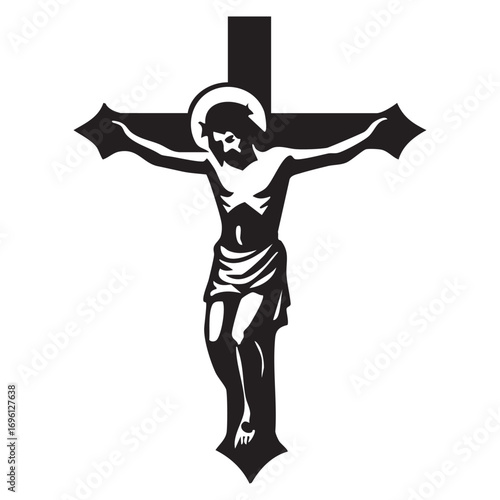 A stylized image of Jesus Christ crucified on the cross. It is rendered in black and white with minimalist details.