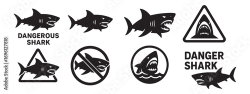 8 black-and-white icons depicting sharks in different styles and contexts.