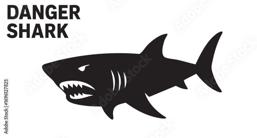 A silhouette of a shark with an open mouth and visible teeth, rendered in black and white. Next to it is written “DANGER SHARK” in large letters, indicating a warning of danger.