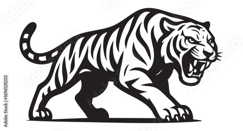 Stylized black-and-white silhouette of a tiger in an attacking pose. 