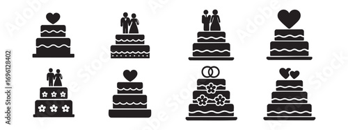set of black designer icons with wedding cakes