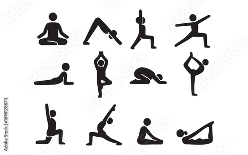 A set of icons depicting different yoga poses, rendered in black and white.