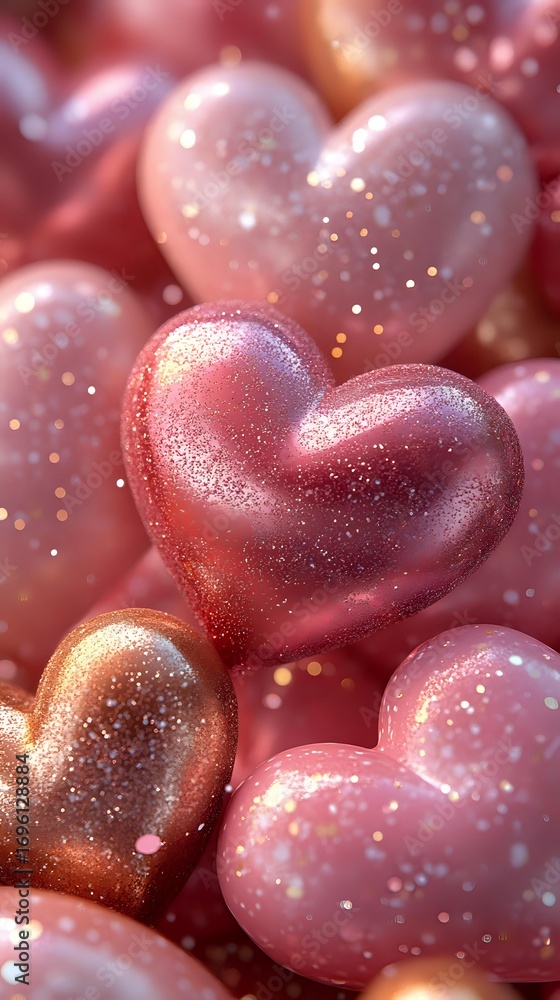Fototapeta premium Romantic glittery hearts in rose gold and pink colors with sparkle effects and soft bokeh background create dreamy Valentine's Day or love concept atmosphere.