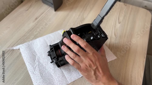 Close-up of a person's hands using a small vacuum cleaner to clean a coffee machine part on a paper towel. Focuses on home appliance maintenance