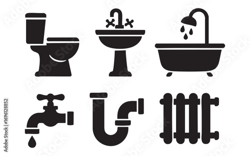a set of black and white icons depicting plumbing fixtures and elements