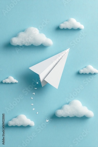 White paper airplane soaring over fluffy clouds on a light blue background