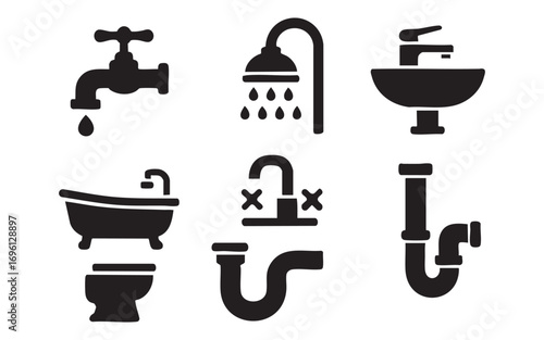 a set of black and white icons depicting plumbing fixtures and elements