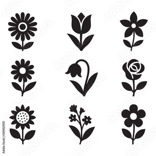 A set of icons in nine different colors, made in black and white style: chamomile (twice), tulip, bellflower, rose (twice), cluster of small flowers, and another decorative flower.