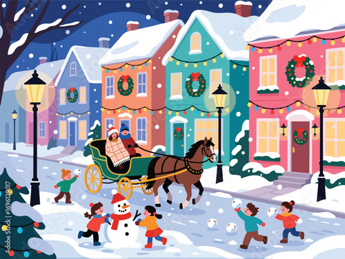 Snowy Christmas Street with Homes, Children Playing, and Horse-Drawn Carriage - Flat Illustration Vector