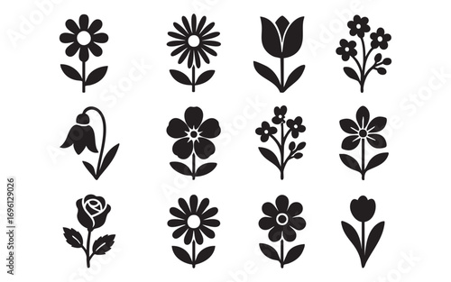 A set of twelve different flowers in black and white: daisy (twice), tulip (twice), small flower cluster (twice), bellflower, large flower, rose, and other decorative flowers.
