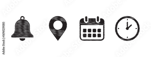 Set of four simple icons a notification bell, a location marker, a calendar, and a clock, representing alerts, planning, and time management.