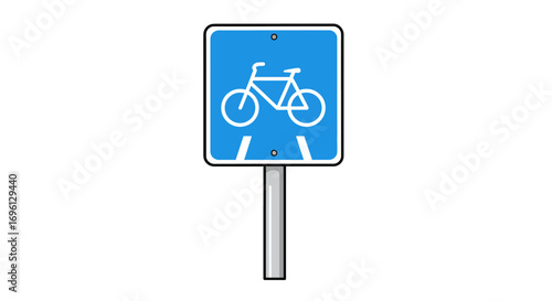 Blue Bicycle Lane Sign with White Bicycle Icon and Road Markings