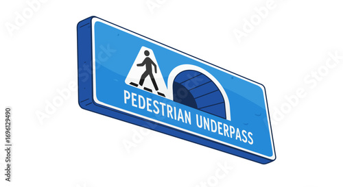 Blue Pedestrian Underpass Sign with Walking Figure and Tunnel Graphic
