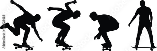 Silhouettes of skateboarders performing tricks and riding skateboards with helmets, dynamic skateboarding action vector illustration on white background