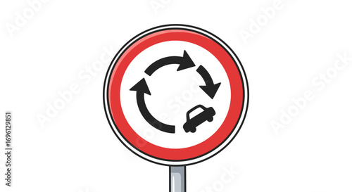Roundabout Road Sign with Arrows and Car Symbol