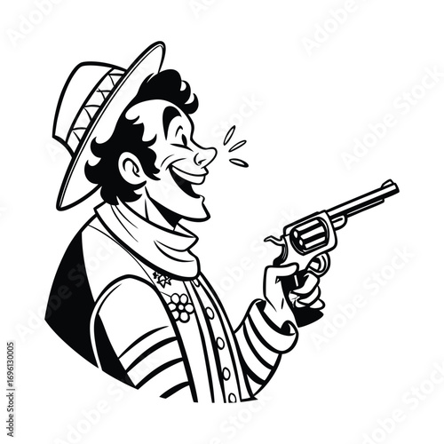 cartoon, black and white, retro, vintage, cowboy, gun, smoking cigar, mustache, hat
