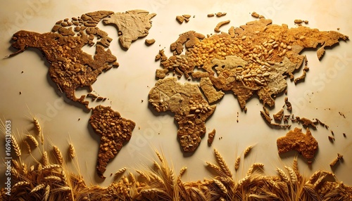 World map made of different types of bread and wheat