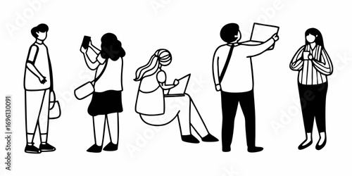 Illustration of people using technology and carrying bags in a black and white minimalist style