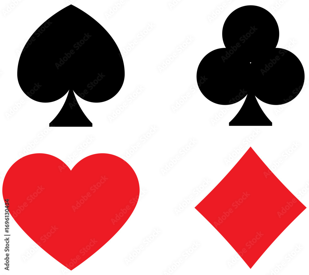 Obraz premium Vector Set of playing card suits including diamond, spade, heart and club with bonus icon like joker, dice and casino chips. Perfect for card games, casino UI and gambling themes.D 03