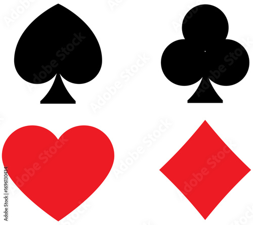Vector Set of playing card suits including diamond, spade, heart and club with bonus icon like joker, dice and casino chips. Perfect for card games, casino UI and gambling themes.D 03