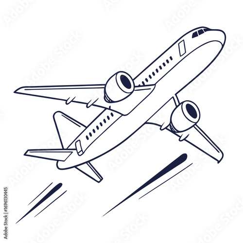 Line art illustration of a commercial jet airplane taking off