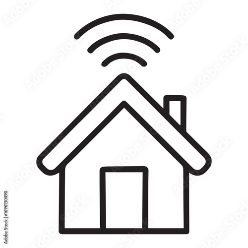 A simple black and white line drawing of a house with a Wi-Fi signal emanating from the roof, representing a smart home.