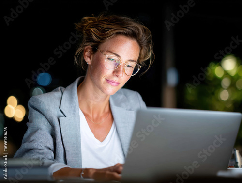 Businesswoman working late at night on laptop in office