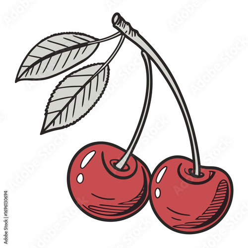 Vintage sketch of a pair of sweet red cherries with leaves