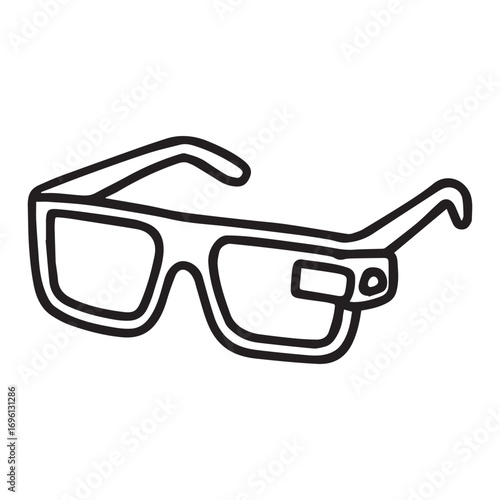 A simple black and white line drawing of a pair of smart glasses, featuring a modern frame and a small device on the side.