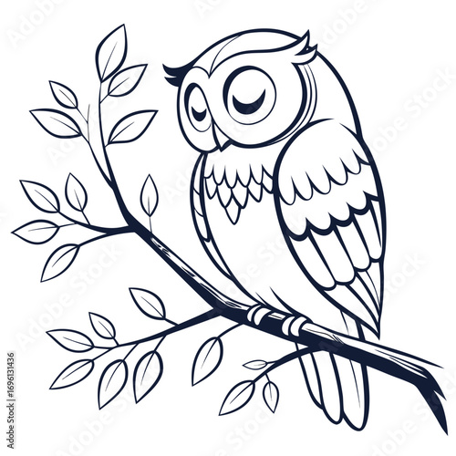 Charming line art illustration of a serene owl peacefully sleeping on a leafy tree branch, perfect for coloring or nature themes