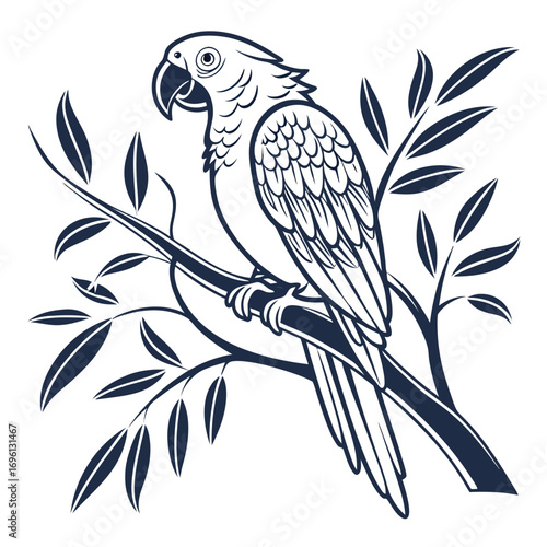 Exotic Parrot Perched on a Leafy Branch in Detailed Monochrome Line Art Illustration for Design