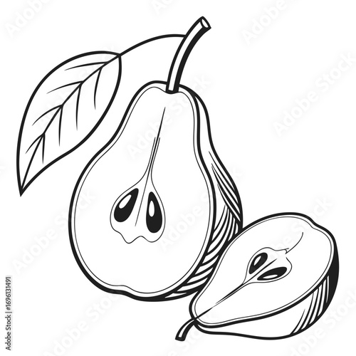 Hand-drawn illustration of a whole potato, a halved potato, and potato slices