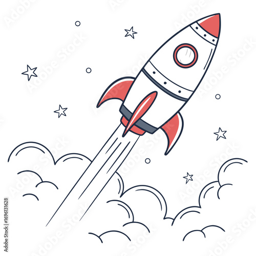 Rocket Launching into Space with Cloud Trails and Stars Illustration