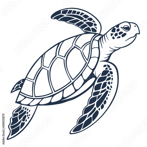 Stylized swimming sea turtle in a simple monochrome line art design