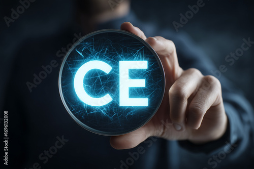 Symbol of Conformity A person's hand holding a glowing CE marking against a blurry background, representing product safety certification and adherence to European Union standards, quality assurance