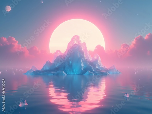 Surreal arctic landscape with glowing ice island at sunset, pastel pink sky, reflection on water.