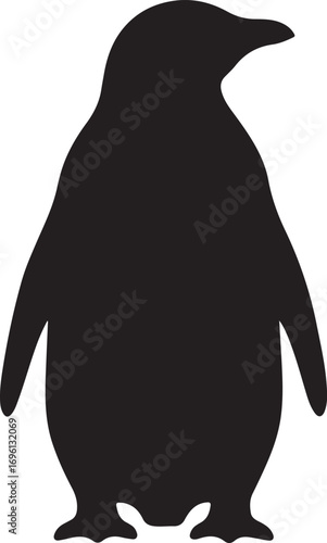 A solid black silhouette of a penguin is depicted standing with its flippers at its sides. This iconic shape is easily recognizable and suitable for various design applications.