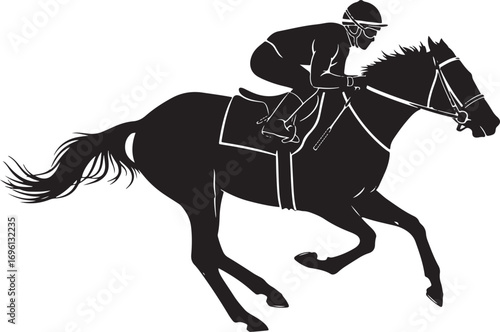 Experience the thrill of the race with this striking silhouette of a jockey and horse in mid-gallop, capturing speed, power, and equestrian sport essence.
