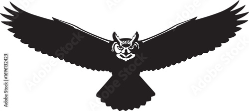 A striking black silhouette of a great horned owl in mid-flight, wings spread wide, showcasing its powerful form. Ideal for designs emphasizing nature, wildlife, or wisdom.