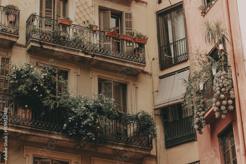 Charming European Balconies. A quaint view of the old buildings with cozy balconies overflowing with lush greenery plants and flowers, evoking a sense of peaceful urban life. Vintage aesthetic touch.
