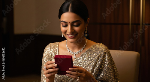 indian elegant woman in shimmering sequined saree with diamond jewelry sitting gracefully and holding small red box