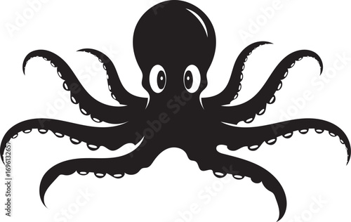 A playful black octopus illustration with large, expressive eyes and splayed tentacles, perfect for children's designs or a fun, aquatic theme.