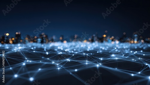 Cityscape network at night.  Blurred city lights connect
