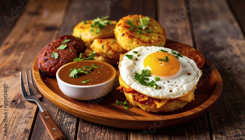 Ecuadorian llapingachos potato patties with cheese, served with fried egg, chorizo, and peanut sauce in a traditional market setting