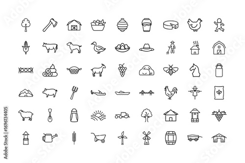 Rural Life Line Art Icon Vector Collection and Farming, Agriculture, Village Lifestyle, Barn, Tractor, Farm Animals, Tools, Crops, Nature, Eco Living, and Countryside Minimal Outline Icons Set.