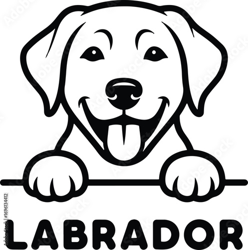 "Labrador Dog Illustration – Black and White Pet Portrait with Happy Expression and Bold Typography"


